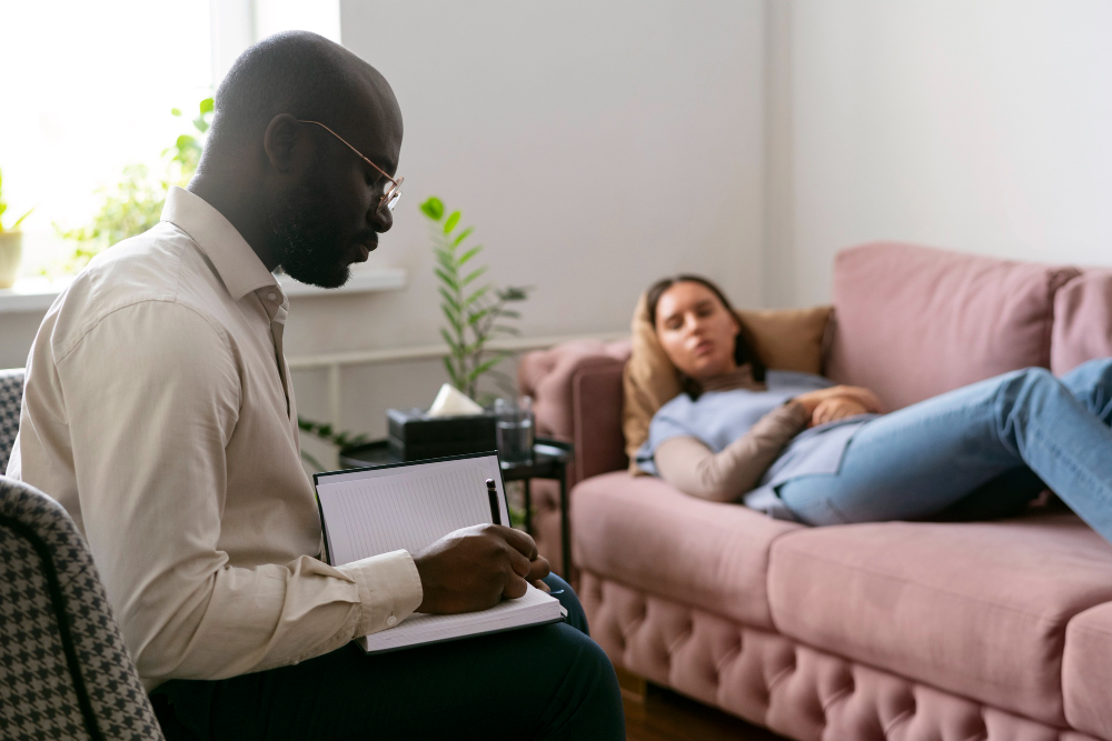 A therapist listens as a client reflects on old behavioral patterns like people-pleasing and over-functioning, captured in a virtual care context for Bloom With Therapy.