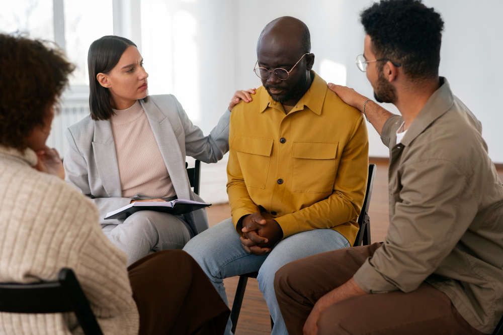 A group therapy setting where a person receives support after a major life change, representing Bloom With Therapy’s care for adults facing transitions in California.